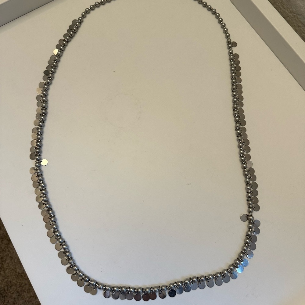 Chico’s Beaded Long Silver Tone Circle Coin Tassel Necklace